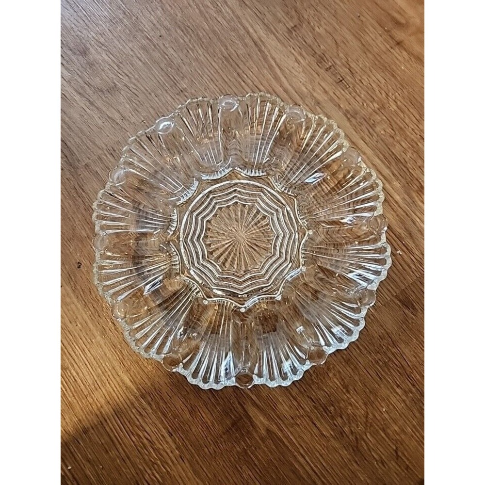 VINTAGE ANCHOR HOCKING CLEAR GLASS 10" CLAM SHELL DESIGN DEVILED EGG PLATE, TRAY